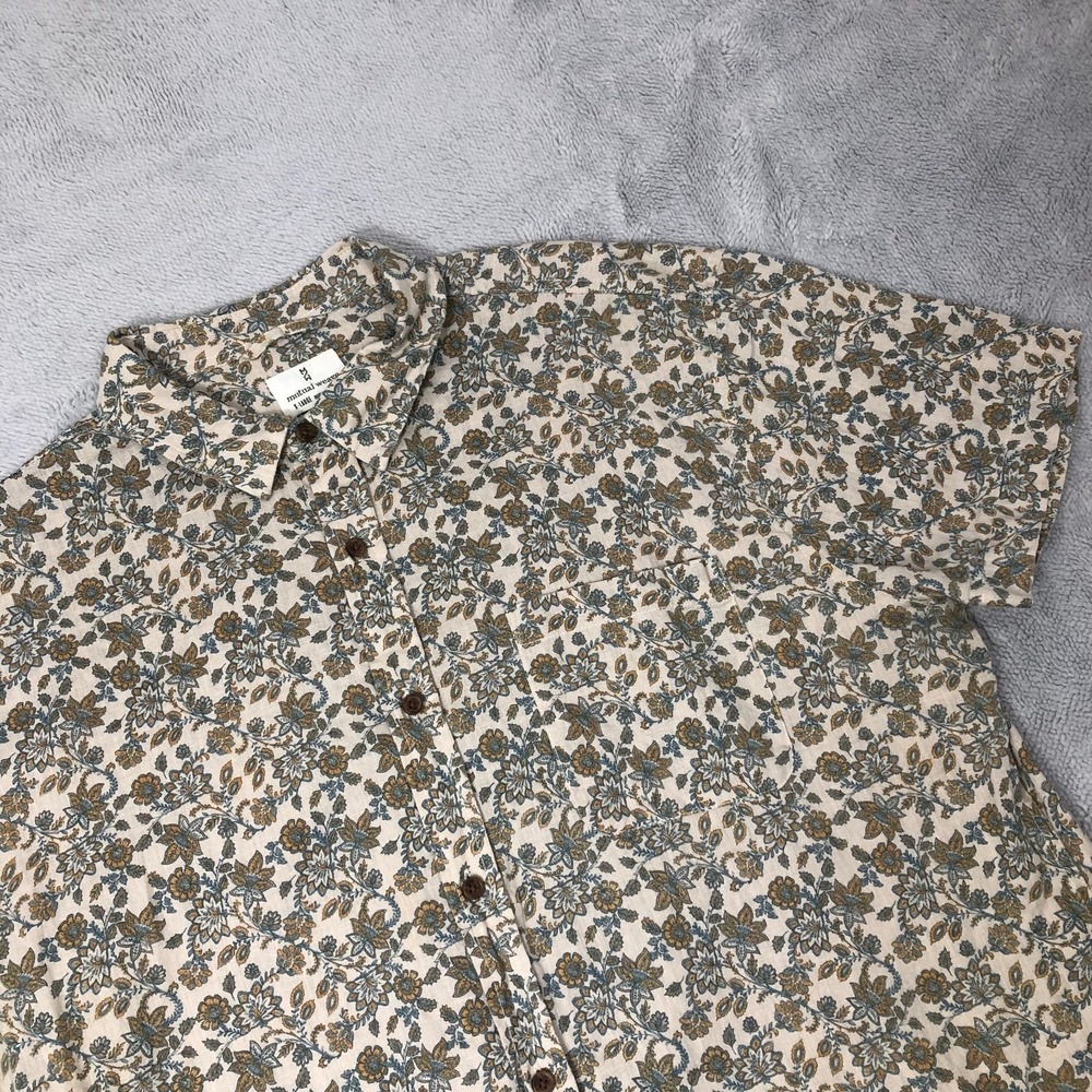 Mutual Weave Shirt Mens X-Large XL Tan Floral Short Sleeve Button Up Linen Blend